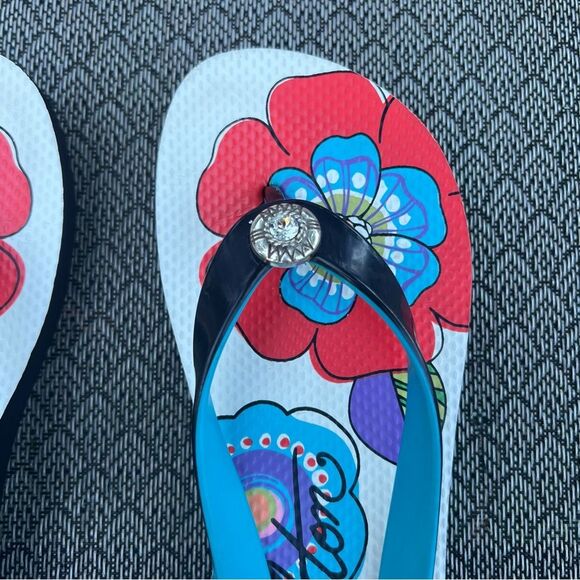 Brighton “Burst” Floral Print Navy Flip Flops Sz 6 - Picture 2 of 11